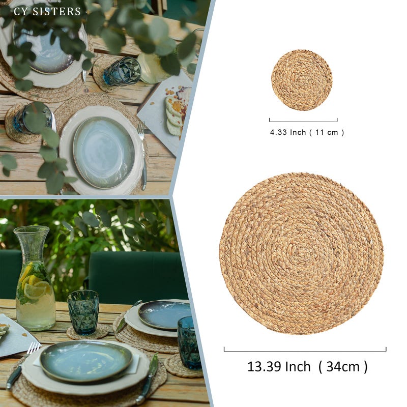 CY SISTERS Woven Placemats Round Placemats Set of 6, 13.5 Inch Wicker Placemat Circle Rattan Placemats Farmhouse Boho Braided Natural Water Hyacinth Place Mats for Indoor & Outdoor Table Decor - Image 4